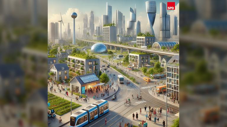 KI-Zukunftsvision, SPD, Das Bild wurde mit Künstlicher Intelligenz auf Basis des Parteiprogramms generiert.