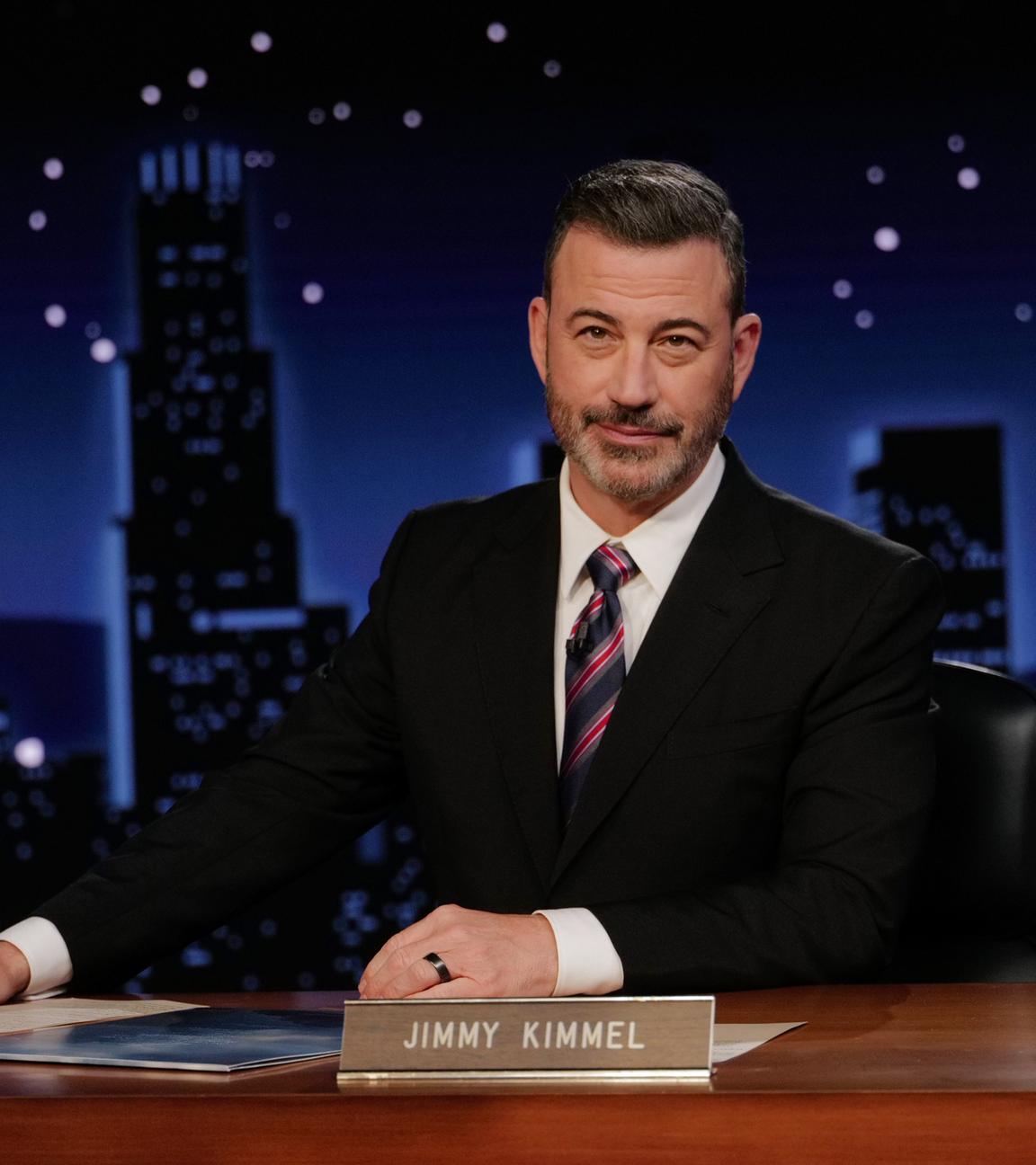 This image released by Disney shows Jimmy Kimmel hosting his late night show "Jimmy Kimmel Live!" in Los Angeles