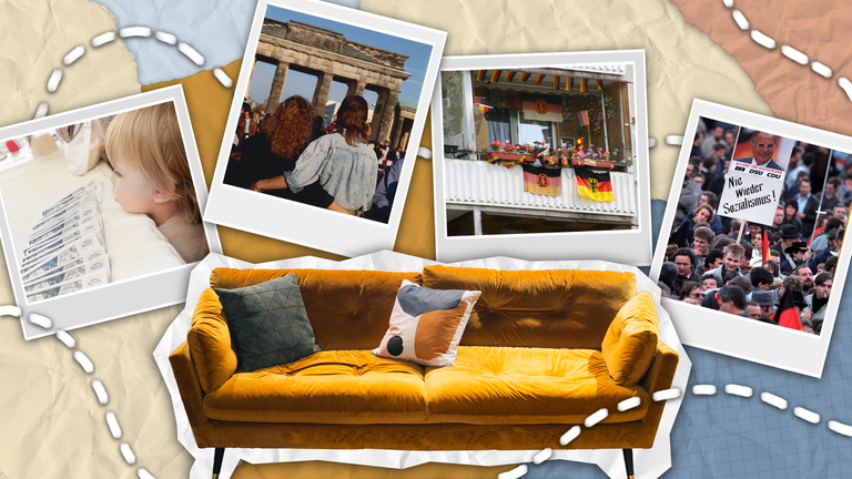 Ein gelbes Sofa im Vordergrund, im Hintergrund Polaroid-Fotos, die verschiedene Aspekte der Deutschen Einheit zeigen