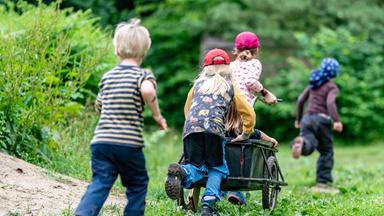 Schleswig-Holstein, Preetz: Kinder der Kita Wühlmäuse spielen im Wald mit einem Anhänger.