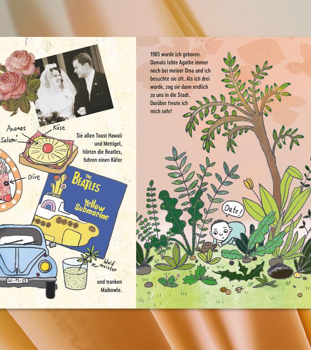 Auf den aufgeschlagenen Seiten eines Bilderbuches sieht man die Illustration eines Kindes im Garten mit einer Schildkröte und eine Collage mit Hochzeitsfoto, Auto und Plattencover.