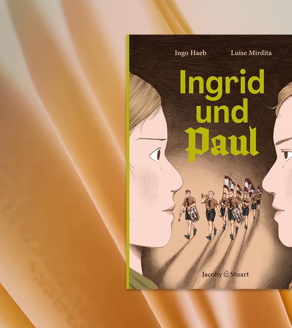 Auf dem Cover des Buches sieht man die Gesichter zweier Kinder. Zwischen ihnen laufen Kinder in Uniformen, die Fahnen schwenken.