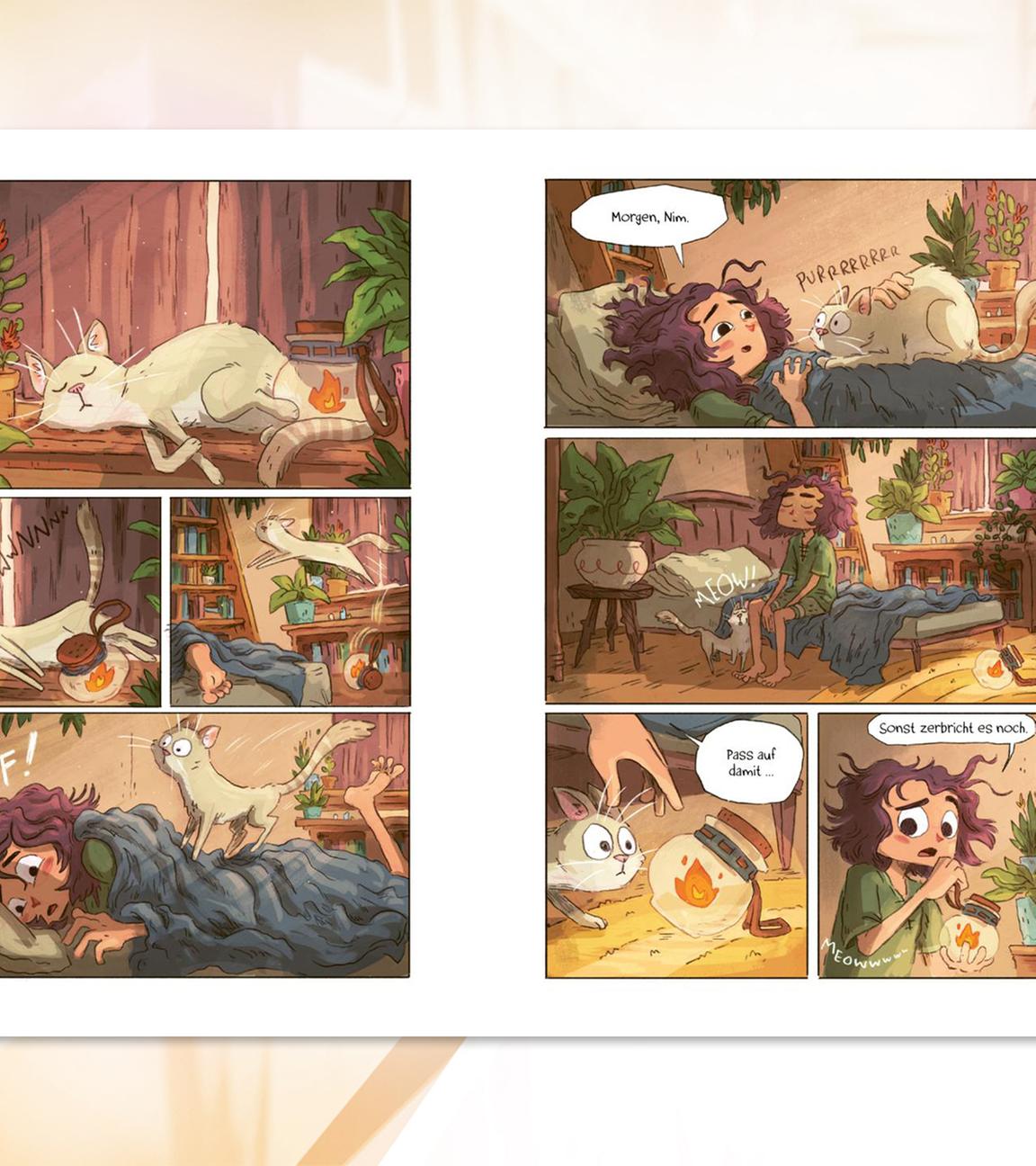 Man sieht die aufgeschlagenen Seiten eines Comics, mit Bildern einer Frau und ihrer Katze.