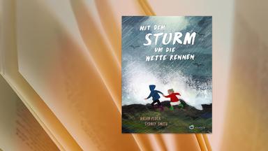 Auf dem Buchumschlag ist das gemalte Bild von zwei Personen zu sehen, die sich an der Hand halten und durch den Regen rennen. Hinter ihnen bricht sich gerade eine Welle an der Küste.