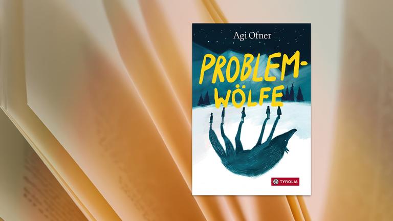 Das Buchcover von "Problemwölfe". Oben in der Mitte stehen Autorenname Agi Ofner und darunter in groß der Titel. Zu sehen ist eine gemalte Schneelandschaft. Im Hintergrund sind Berge und Bäume. In der Mitte stehen fünf Menschen, deren Schatten gemeinsam einen Wolf formen.