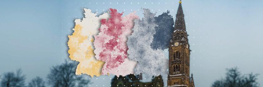 Turm einer Kirche neben drei Deutschlandkarten. (Symbolbild)