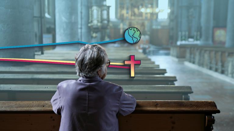 Das Bild zeigt eine ältere Frau, die in einer ansonsten leeren Kirche auf einer Bank kniet. Der Hintergrund ist geblurrt. Sinkende Linien, die zu einem Kreuz führen, symbolisieren, dass die Mitgliedszahlen in den großen Kirchen sinken. Eine steigende Linie, die zu einer Erdkugel führt, zeigt, dass die Zahlen der Nicht-Mitglieder steigen.
