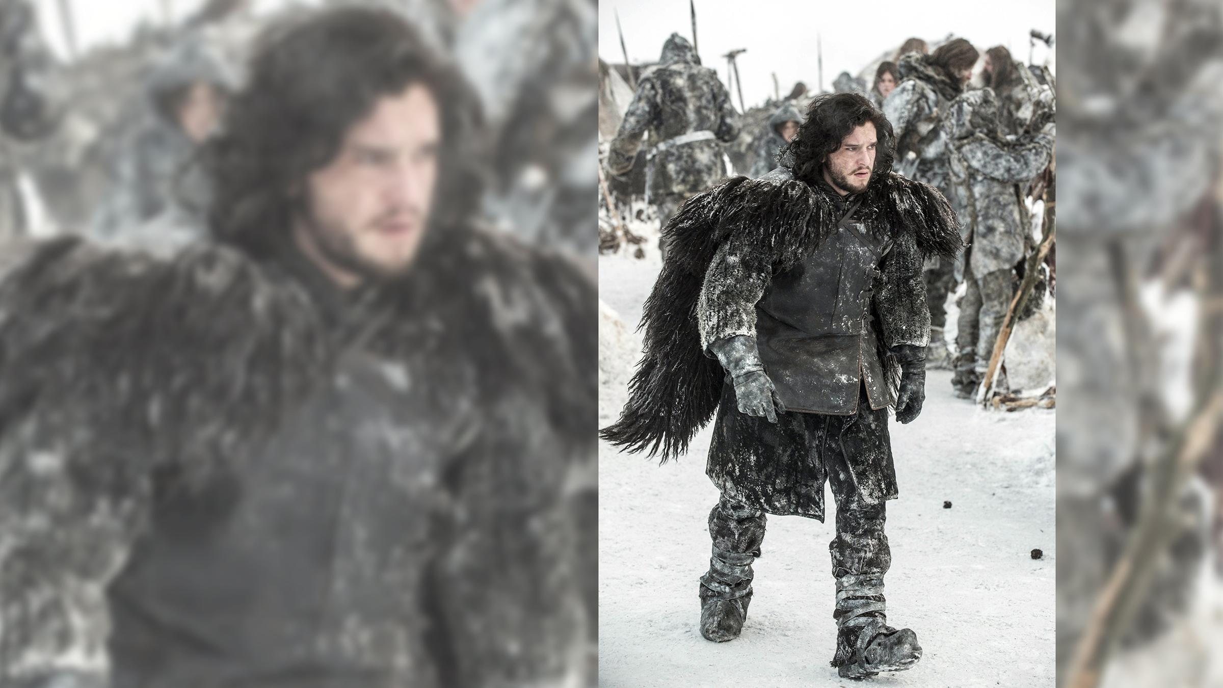 Kit Harington als “Jon Snow“ in einer Szene von "Game of Thrones" 2013, in einem Pelz in einer Schnee-Landschaft