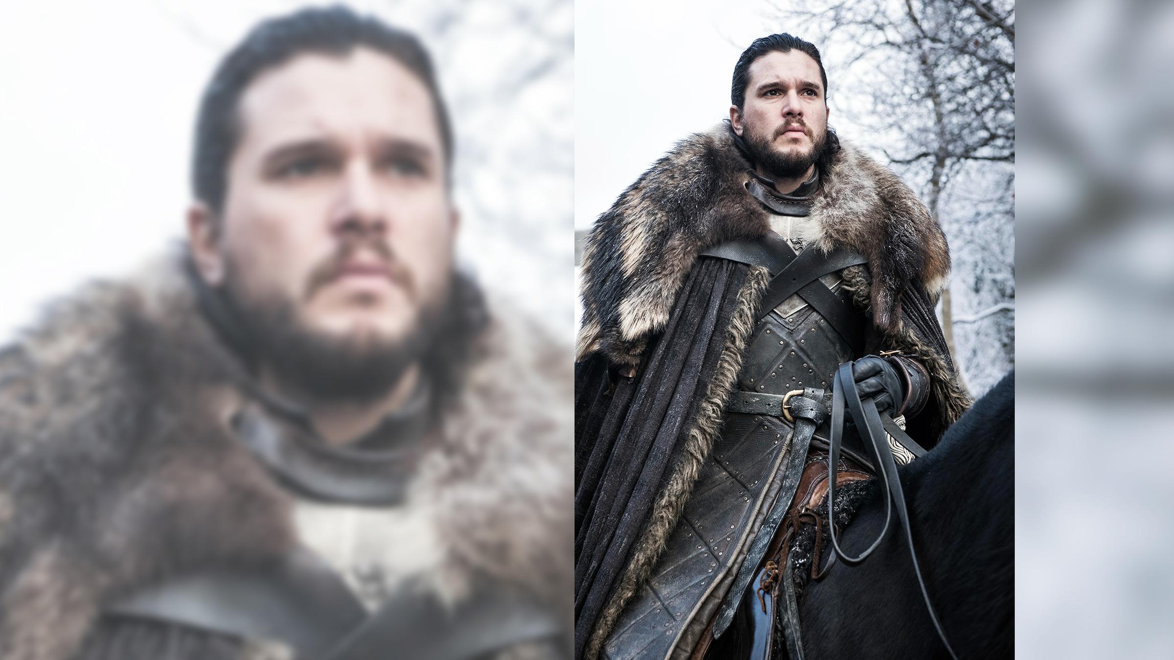 Kit Harington als “Jon Snow“ in einer Szene von "Game of Thrones" 2019, auf einem Pferd in einer Schnee-Landschaft