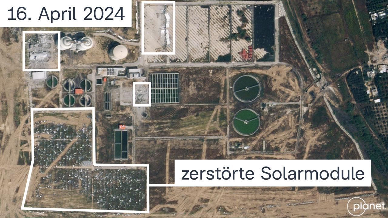 Satellitenbild der Kläranlage - zu sehen sind zerstörte Gebäude und die zerstörte Solaranlage