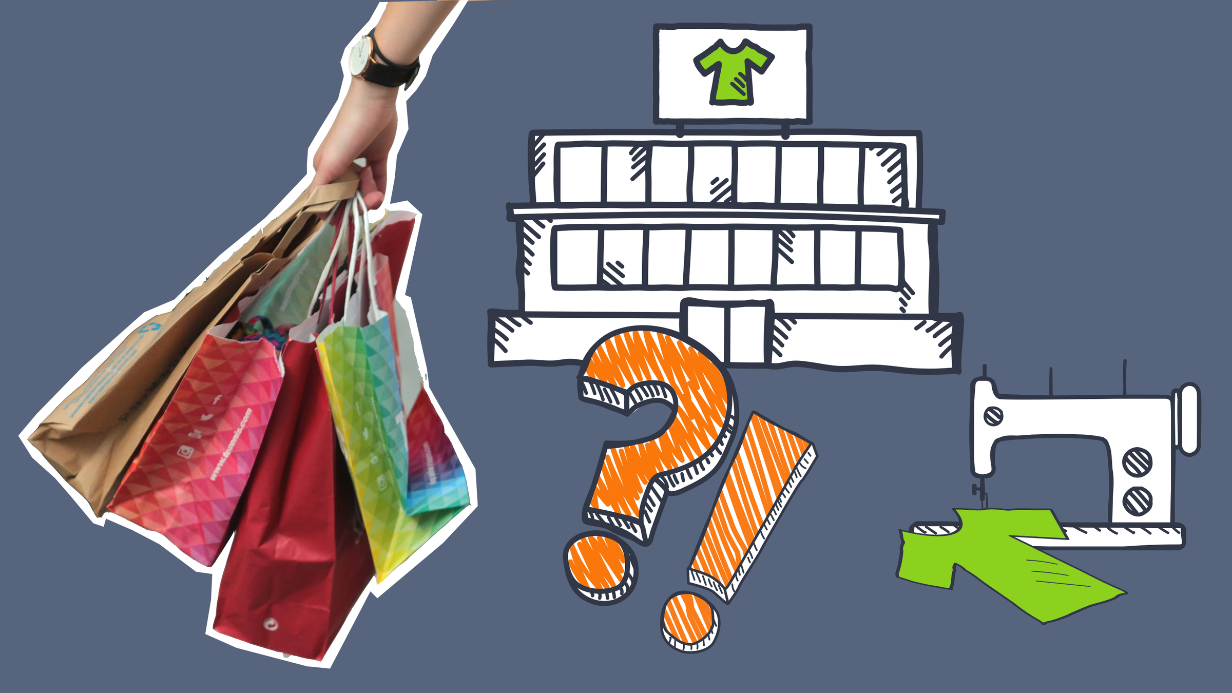 Grafik von Kleiderfabrik und Nähmaschine mit T-Shirt, Hand hält Shoppingtüten