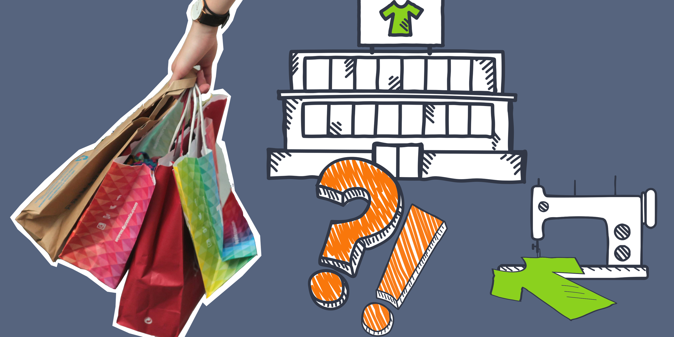 Grafik von Kleiderfabrik und Nähmaschine mit T-Shirt, Hand hält Shoppingtüten