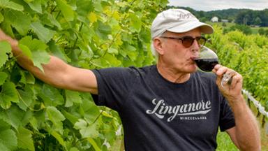 Anthony Aellen steht neben Weinreben und trinkt Rotwein aus einem Weinglas