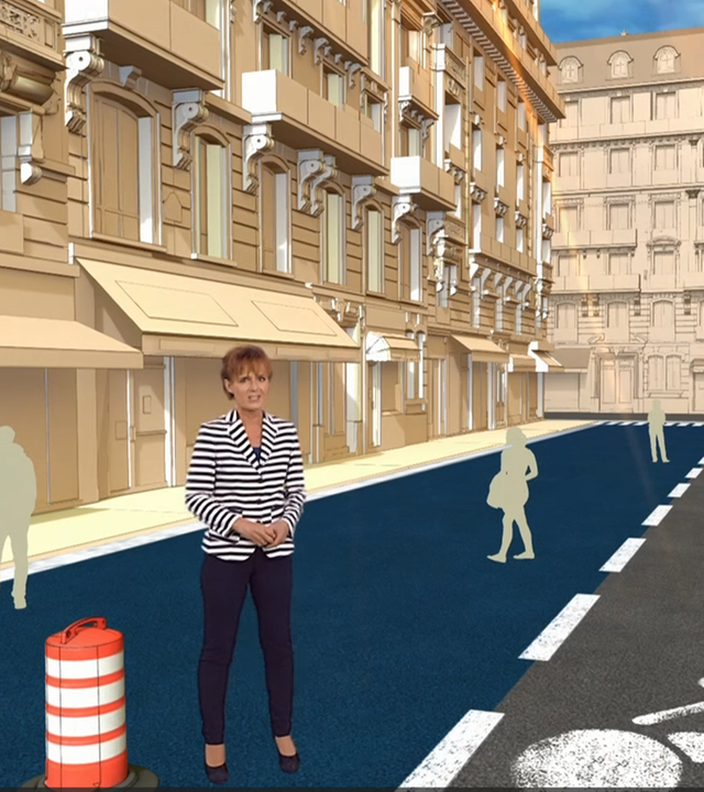 3D Grafik, Häuserzeile Paris, Strasse, Autos, Radweg, Park, Bäume, Katja Horneffer