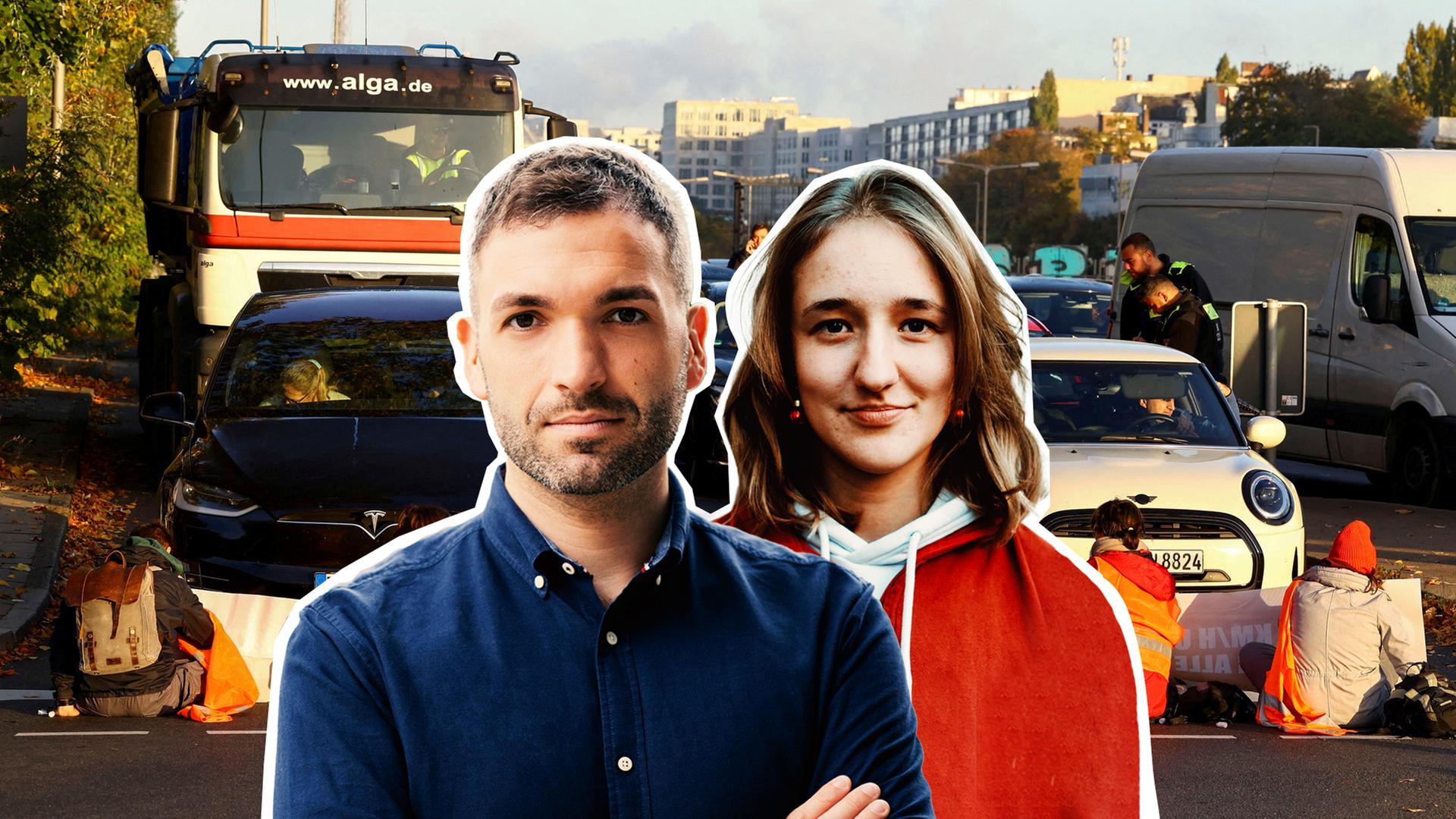 Konstantin Kuhle von der FDP und Carla Rochel von der Letzten Generation. Im Hintergrund sind eine blockierte Straße und Autos zu sehen.
