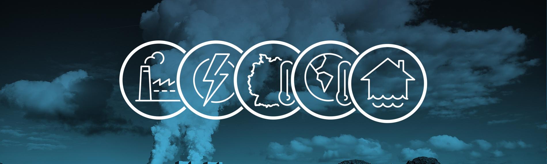 Fünf Icons mit Fabrikschlot, Blitz, Thermometer vor Deutschland und Weltkarte, und einem Haus über Wellen. Im Hintergrund ein Braunkohlekraftwerk.