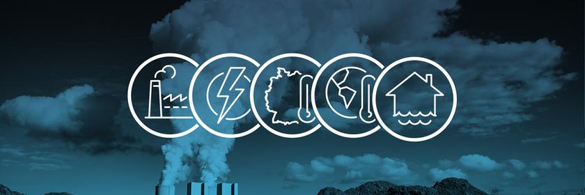 Fünf Icons mit Fabrikschlot, Blitz, Thermometer vor Deutschland und Weltkarte, und einem Haus über Wellen. Im Hintergrund ein Braunkohlekraftwerk.