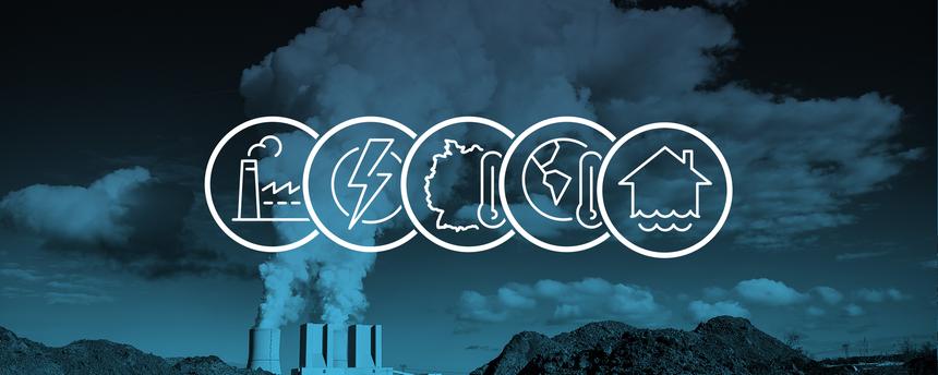 Fünf Icons mit Fabrikschlot, Blitz, Thermometer vor Deutschland und Weltkarte, und einem Haus über Wellen. Im Hintergrund ein Braunkohlekraftwerk.