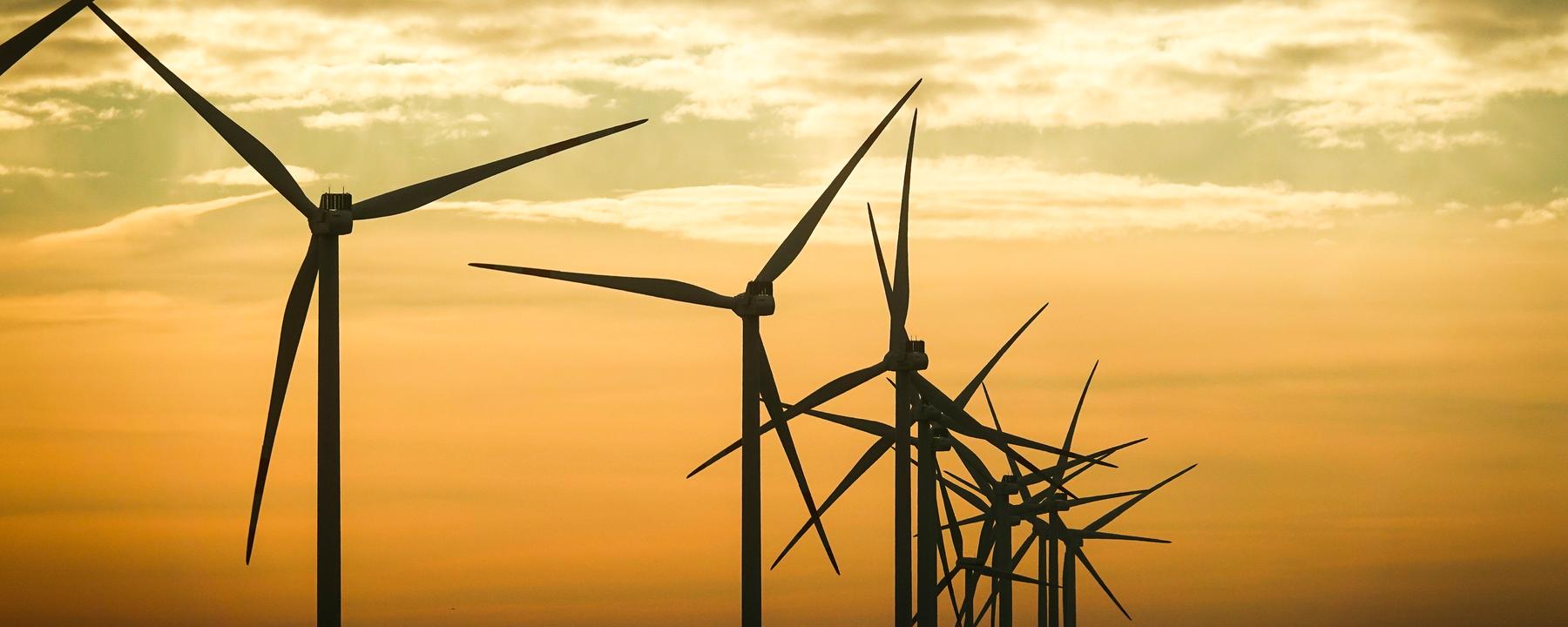 Windräder im Sonnentuntergang.