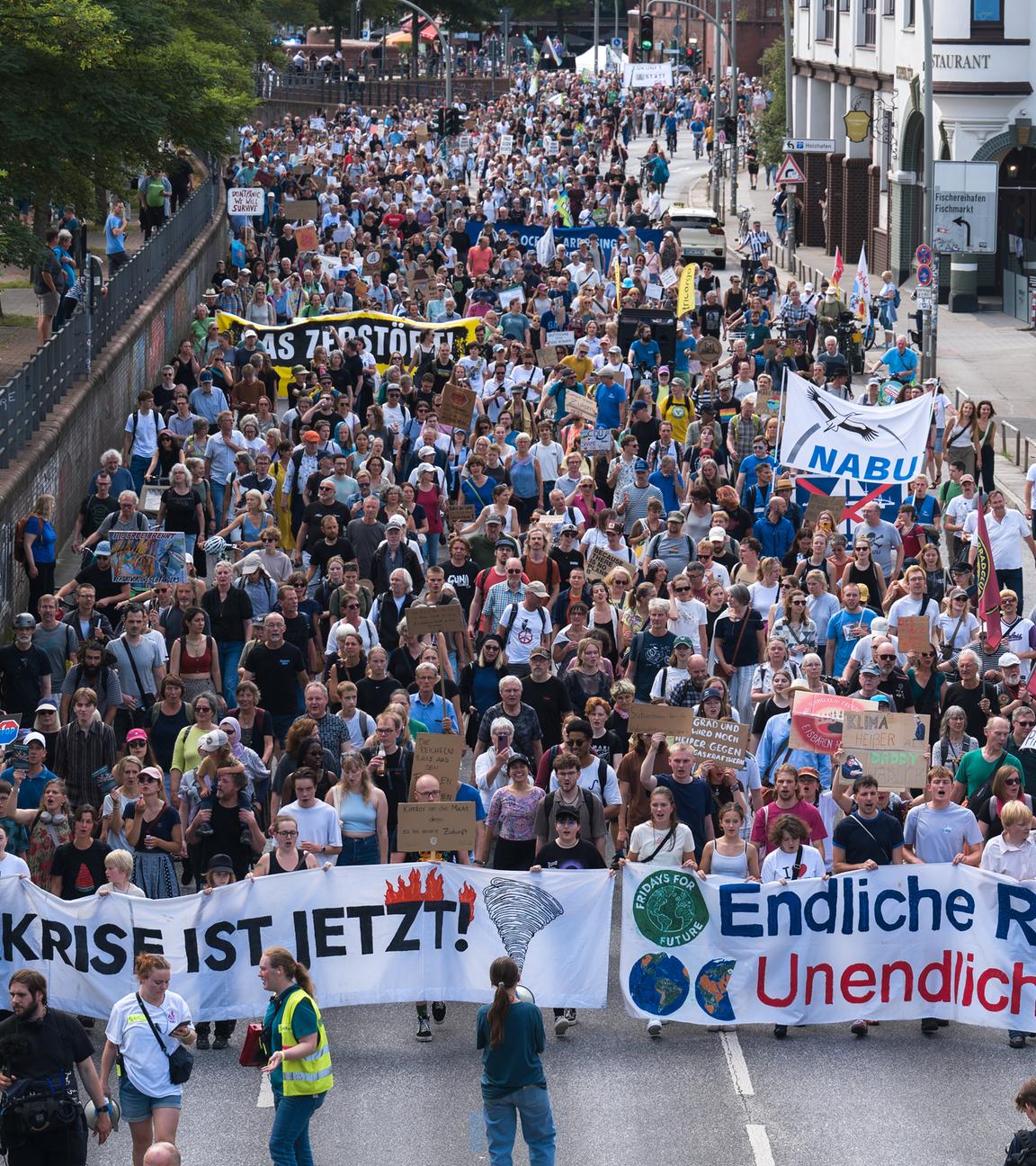 Demozug mit Bannern in Hamburg