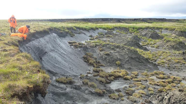 AWI-Permafrostforscher untersuchen die erodierende Permafrost-Küste auf der sibirischen Bykovsky-Halbinsel.
