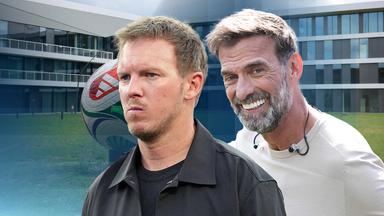 Im Hintergrund der DFB-Campus in Frankfurt, rechts daneben die Köpfe von Julian Nagelsmann und Jürgen Klopp