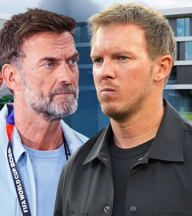 Im Hintergrund der DFB-Campus in Frankfurt, rechts daneben die Köpfe von Julian Nagelsmann und Jürgen Klopp