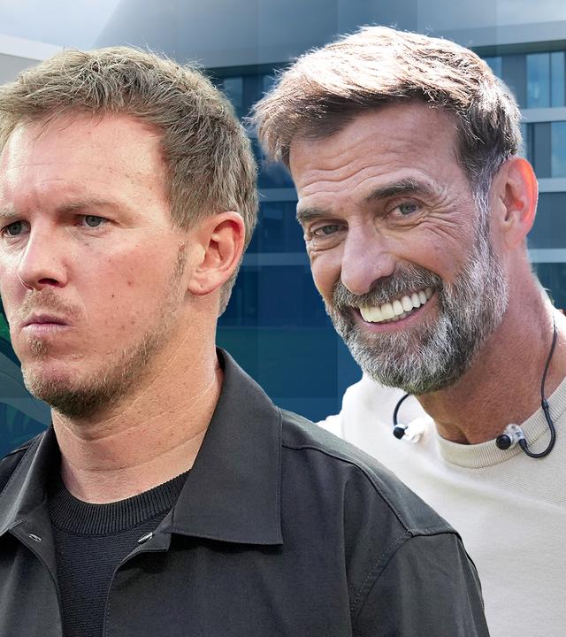 Im Hintergrund der DFB-Campus in Frankfurt, rechts daneben die Köpfe von Julian Nagelsmann und Jürgen Klopp