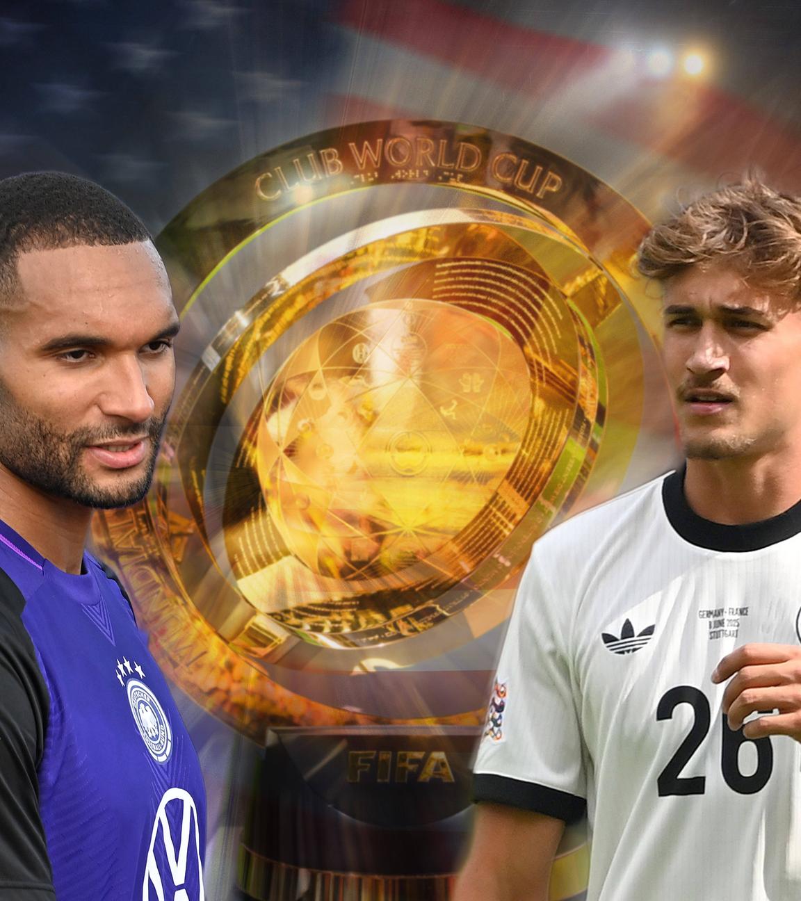 Fotomontage: FC Bayern München beim Fifa Club World Cup 2025 in den USA vom 15.06.-14.07.2025 mit Jonathan Tah und Tom Bischof.