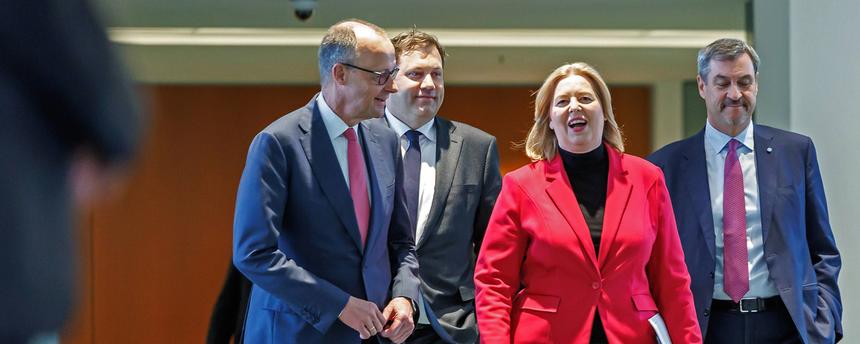 V.l.n.r.: Friedrich Merz, Lars Klingbeil, Bärbel Bas und Markus Söder, aufgenommen am 13.04.2026
