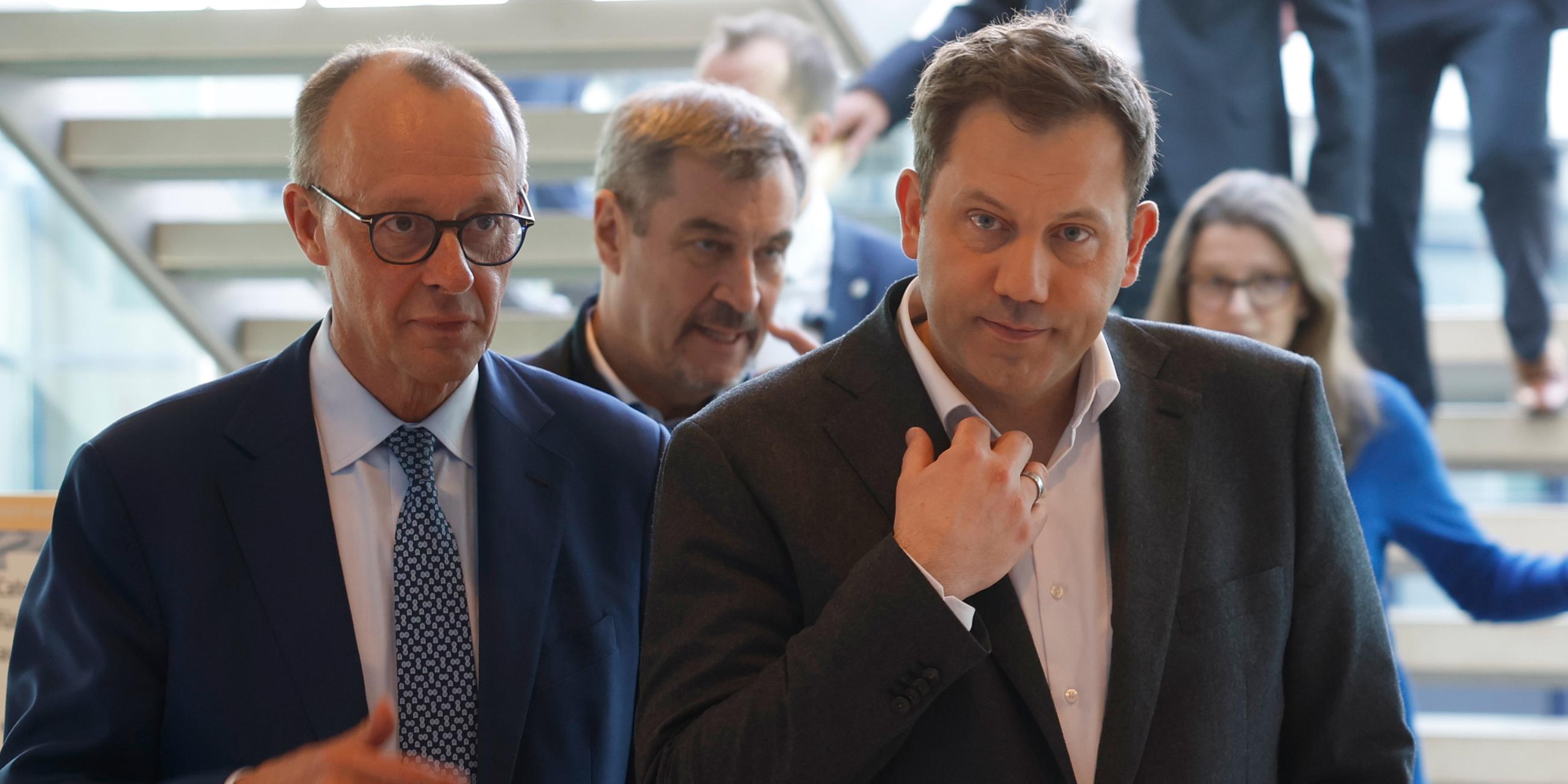 Lars Klingbeil und Friedrich Merz auf dem Weg zu den Koalitionsverhandlungen.