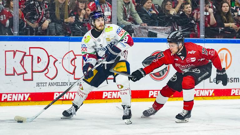 Der Berliner Ty Ronning und Jan Luca Sennhenn von den Kölner Haien im Kampf um den Puck