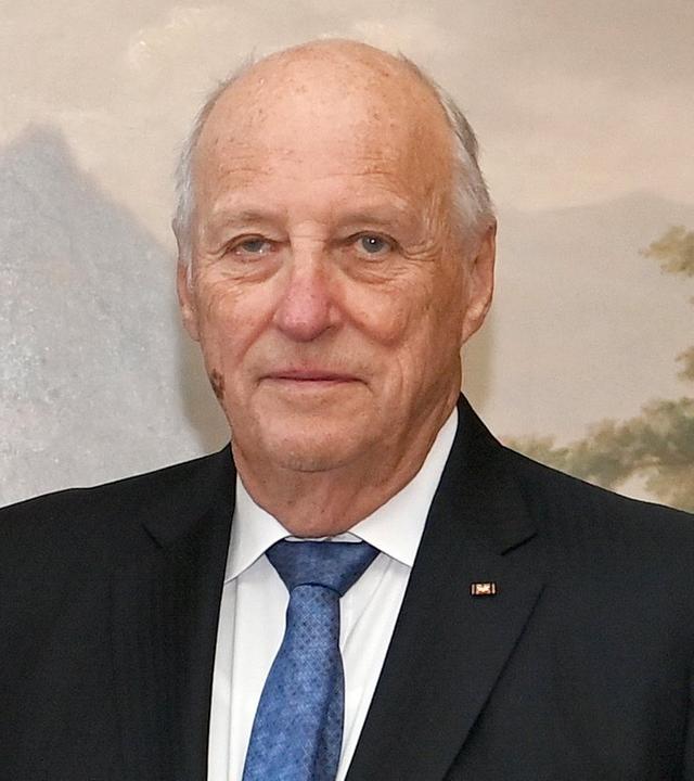Das Bild zeigt König Harald V. von Norwegen vor einem Gemälde mit einem Berg und einem Baum.