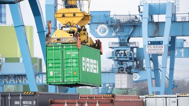 Container werden an einem Terminal des Mainzer Hafens bewegt. 