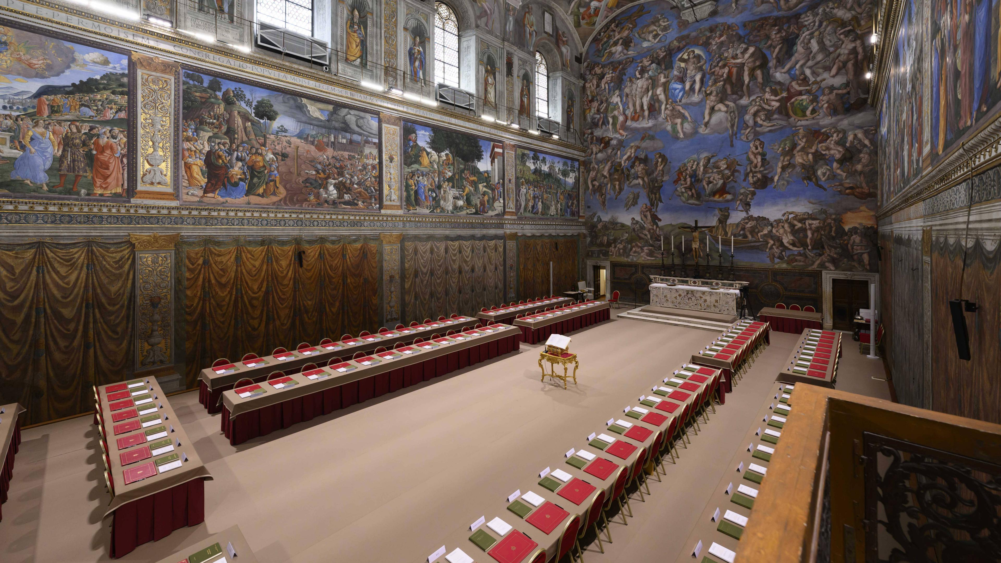 The Sistine Chapel prepared for the conclave in which the new Pope will be elected. Vatican City, 6 May 2025.