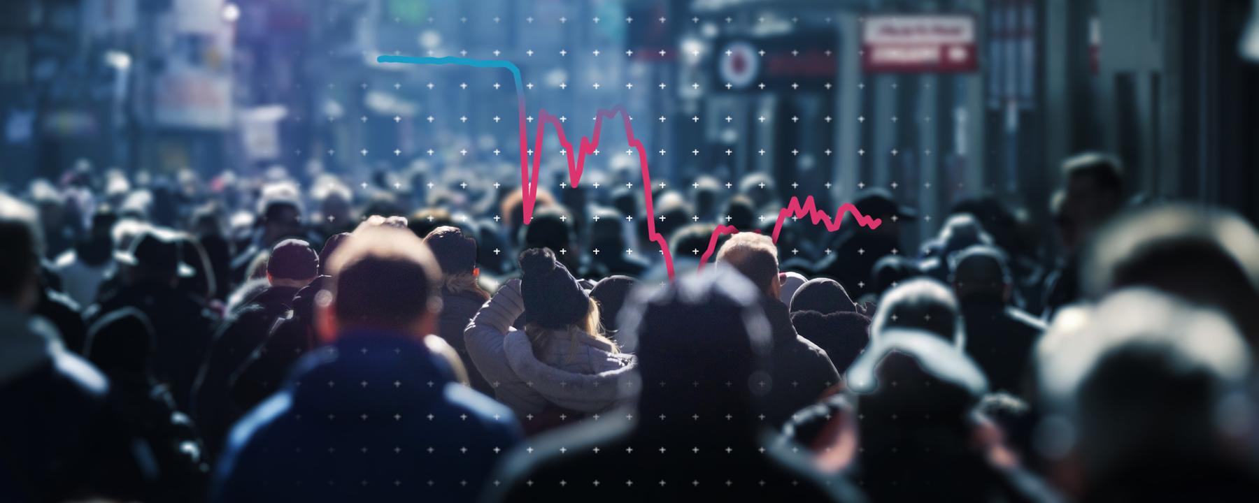 Menschen in einer Einkaufstraße, daneben eine Grafik zum Konsumklima