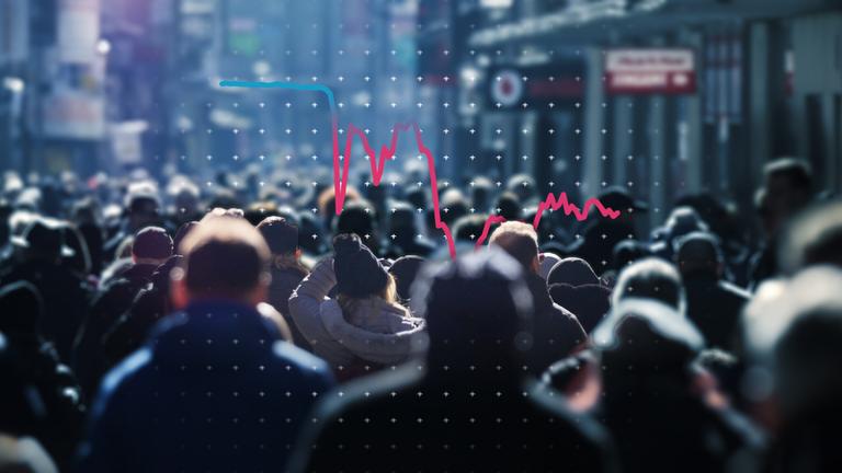 Menschen in einer Einkaufstraße, daneben eine Grafik zum Konsumklima