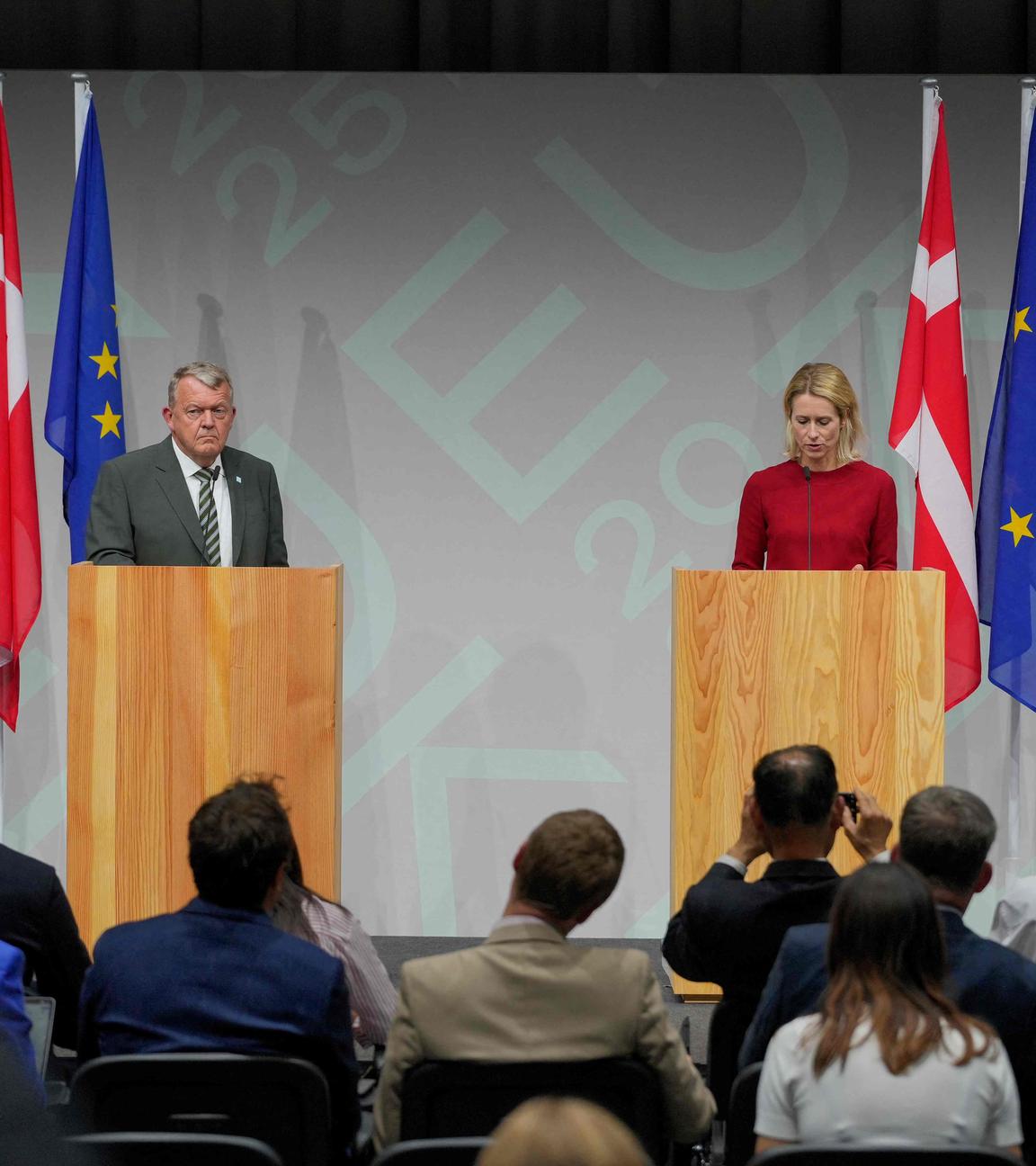 Denmarks Foreign Minister Lars Loekke Rasmussen (L) and EU High Representative of Foreign Affairs and Security Policy, Kaja Kallas attend a press conference after an informal meeting for EU foreign ministers