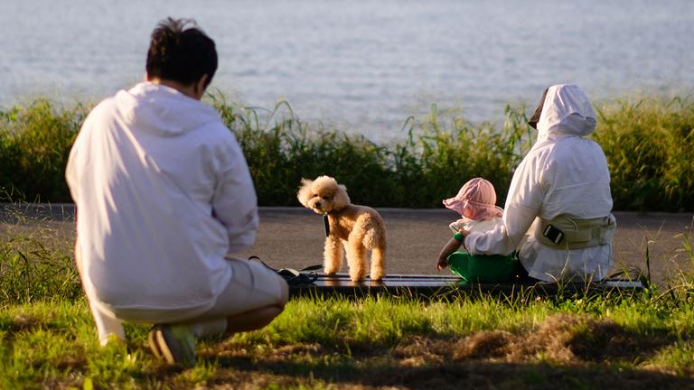 Ehepaar mit Hund und Kind in Seoul, Südkorea
