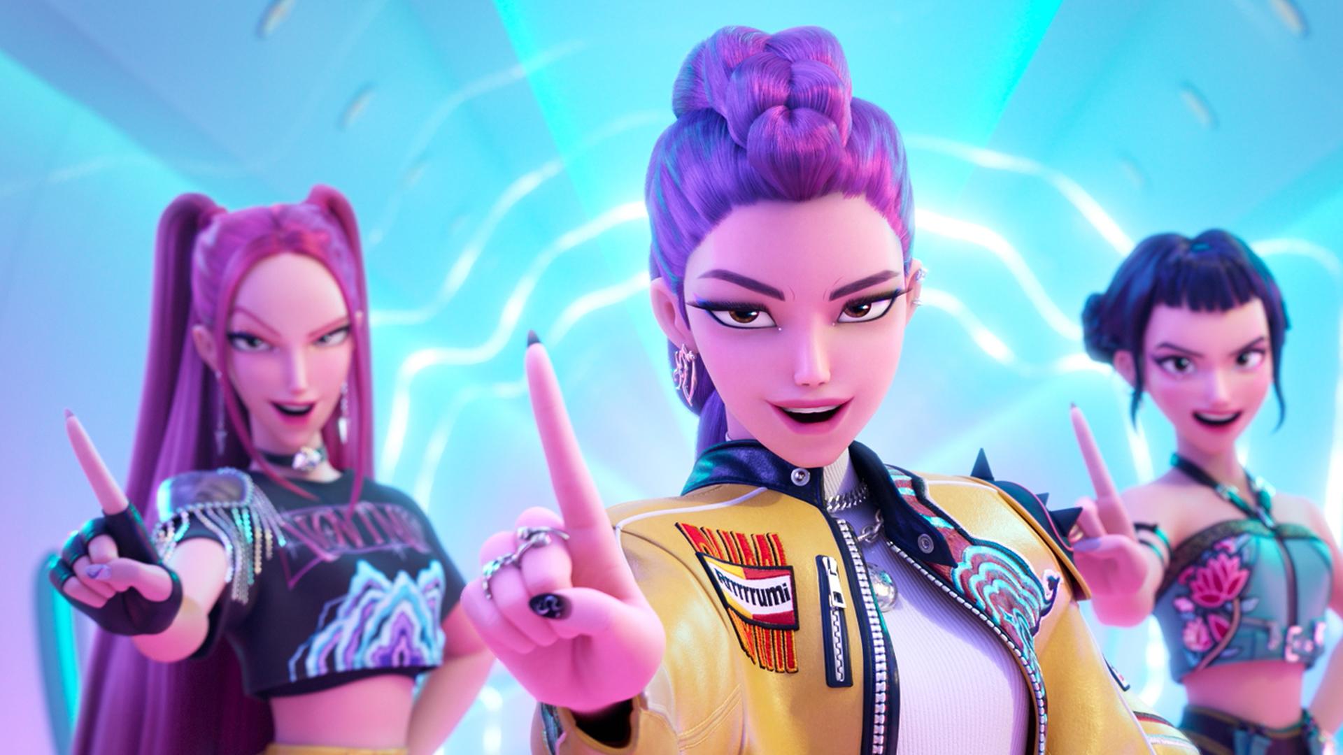 ira (Stimme von May Hong, l-r), Rumi (Stimme von Arden Cho) und Zoey (Stimme von Ji-Young Yoo) - eine Szene aus «KPop Demon Hunters» (undatiert). 