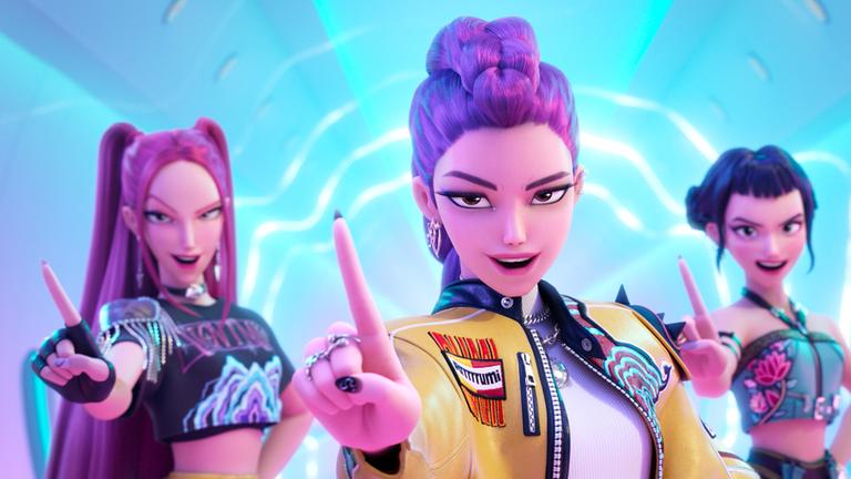 ira (Stimme von May Hong, l-r), Rumi (Stimme von Arden Cho) und Zoey (Stimme von Ji-Young Yoo) - eine Szene aus «KPop Demon Hunters» (undatiert). 