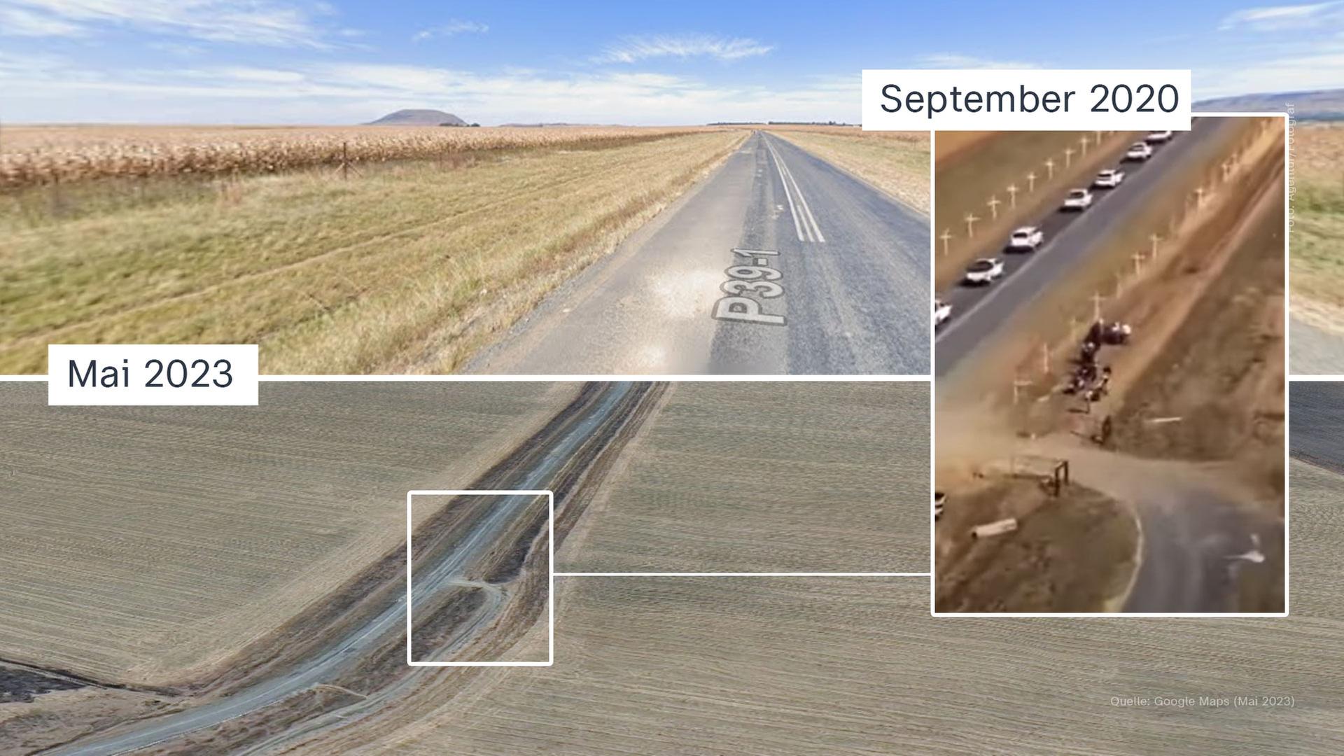 Rechts ein Screenshot des von Trump gezeigten Videos mit den weißen Kreuzen von 2020. In den Google-Street-View-Aufnahmen von 2023 sind die Kreuze nicht mehr zu sehen.