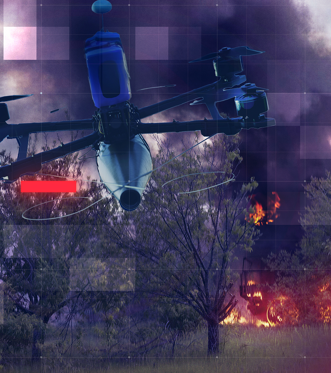 Montage: FPV-Drohne vor brennendem Militärfahrzeug im Unterholz eines Wald- und Wiesengebietes