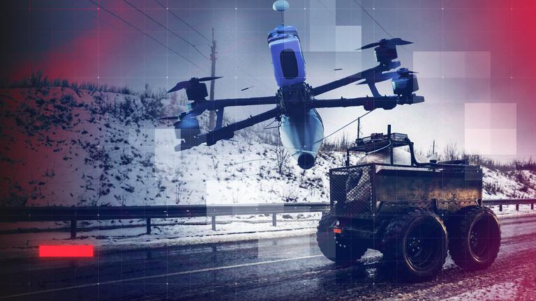 Montage: FPV-Drohne über winterlicher Straße, davor eine Landdrohne zur Versorgung mit Nachschub