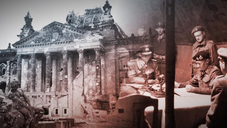 "Krieg und Holocaust - Der deutsche Abgrund: Untergang 1943-1945": Collage aus zwei alten Fotos. Der deutsche Reichstag liegt in Trümmern. Rechts: Admiral von Friedeburg und Feldmarschall Montgomery bei der Unterzeichnung der Teilkapitulationserklärung am 4. Mai 1945.