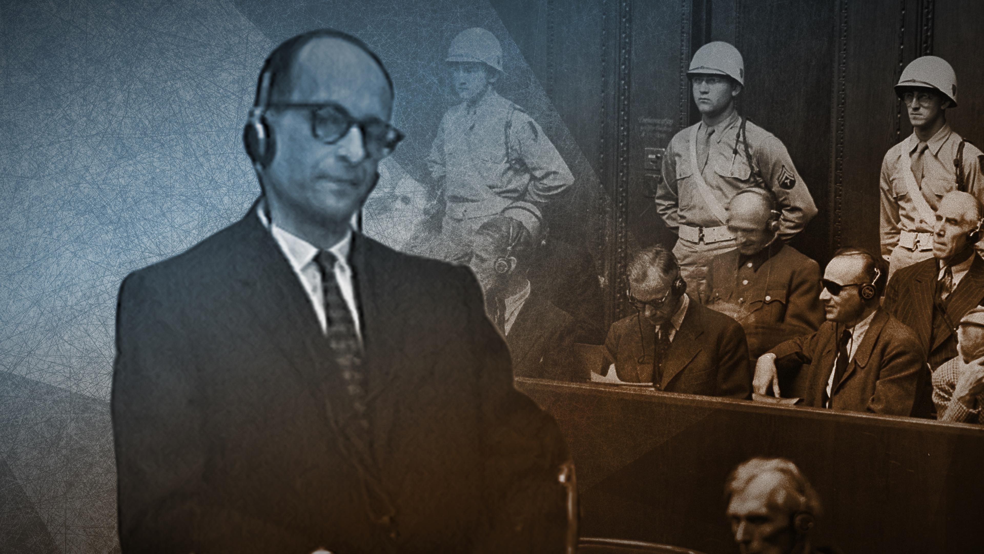 "Krieg und Holocaust - Der deutsche Abgrund: Verantwortung 1945-1948": Collage aus zwei alten Fotos. Adolf Eichmann im Eichmanprozess 1961. Rechts: Die Nazi-Elite steht in Nürnberg vor Gericht, 1945.