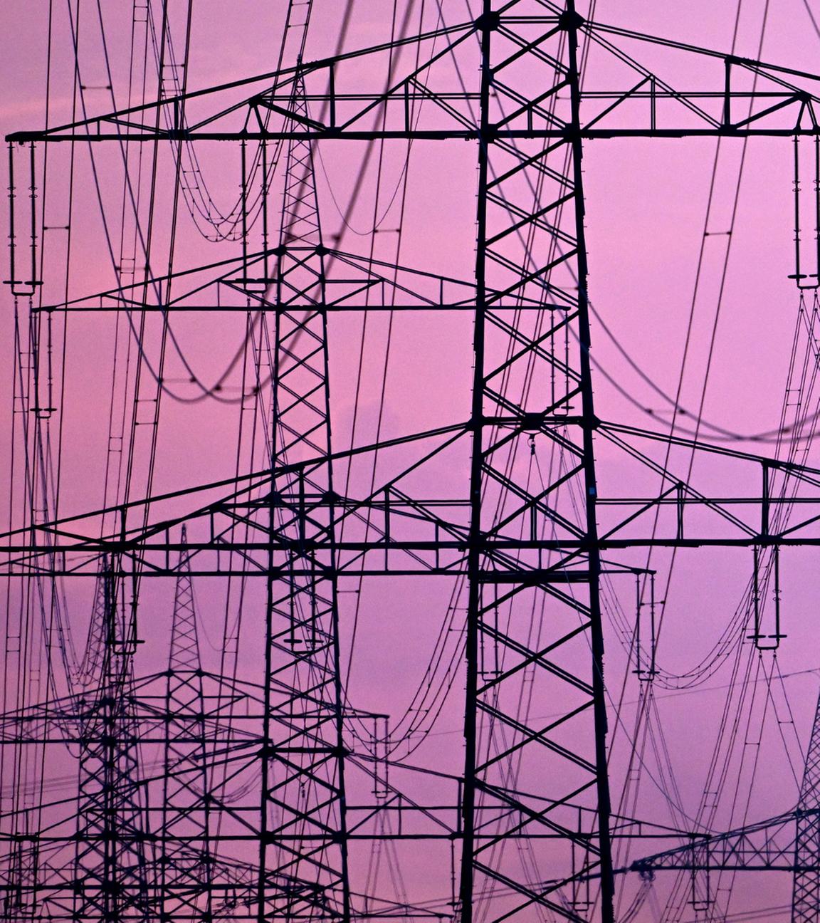 Strommasten stehen in der Dämmerung am Morgen auf einem Feld.