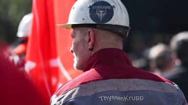 Workers of the steel division of Thyssen-Krupp protest in front of the Thyssen Krupp Steel headquarter in Duisburg, Germany, 30 April 2024. 