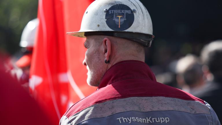 Workers of the steel division of Thyssen-Krupp protest in front of the Thyssen Krupp Steel headquarter in Duisburg, Germany, 30 April 2024. 