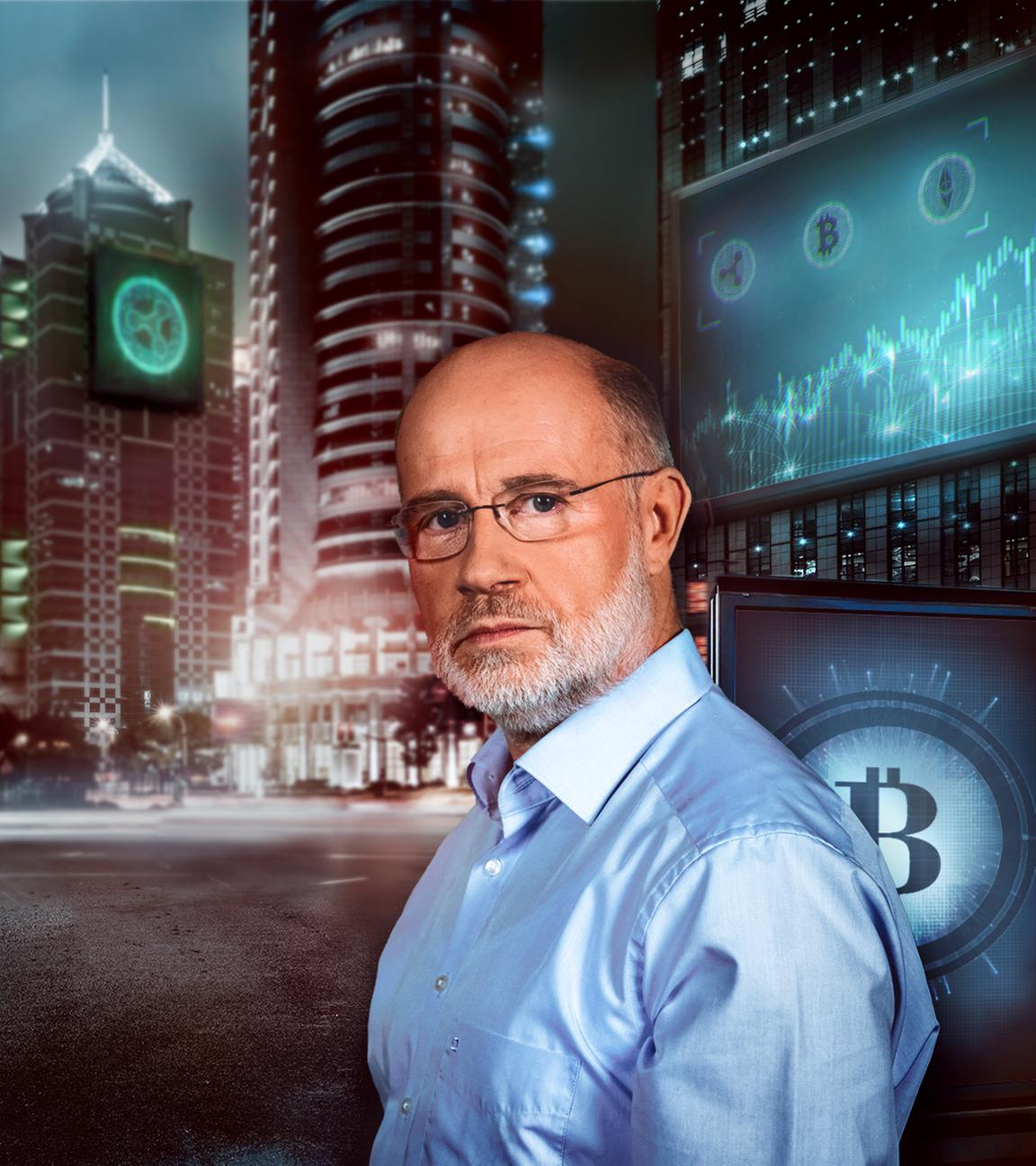 Montage: Harald Lesch vor einer modernen Stadt bei Nacht. An den Gebäuden sind die Logos von Kryptowährungen zu erkennen und eine Leuchttafel zeigt eine Art Aktienkurs.